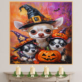 Chihuahua Dog Halloween Canvas Wall Art with Pumpkins Rustic Fall Accent for Cozy Autumn Home Decoration on Ready to Hang 1.5" Thick Canvas Wrap, Floating Framed Canvas, Flat Rolled Canvas